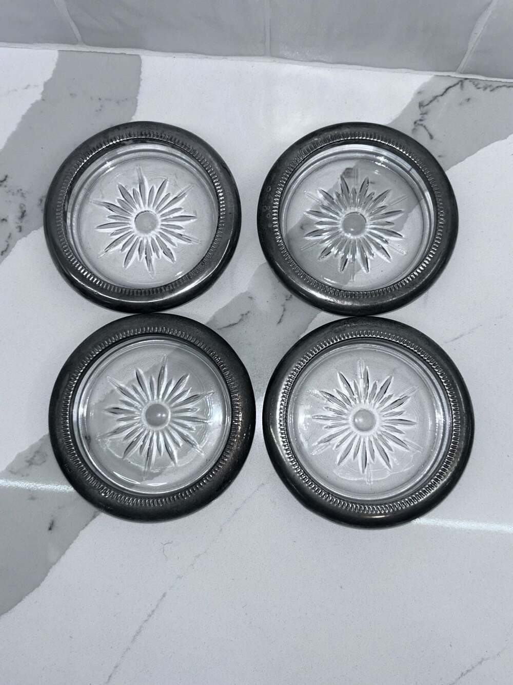 Set of 4 Leonard Italy Silver-Plated Crystal Starburst Coasters